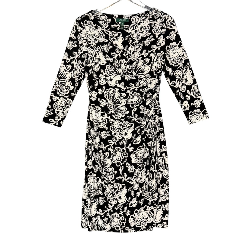 Lauren Ralph Lauren Dress Womens 4 Black White‎ Floral Long Sleeve Faux Wrap